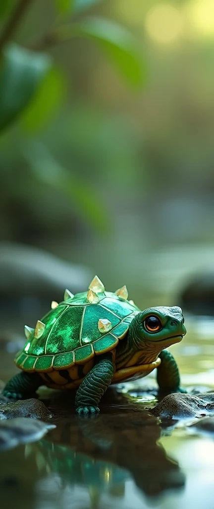 "A magical hybrid baby turtle with a shell that sparkles like a diamond. The shell features faceted, crystal-like patterns, combining natural green hues with shimmering diamond-like reflections. The turtle is small and adorable, with a gentle, curious expr...