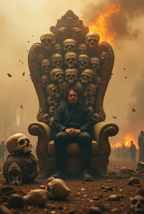 A man sitting in artist made of skull chair, background 100of peoples, in mid ground dust and fire glitter in air. A water lorry in four ground in visual morphology