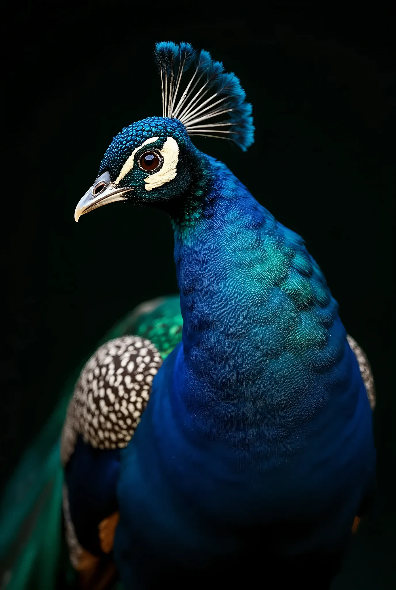 Very beautiful male peacock,very dinamic camera works, great focus and bokeh, great lighting, realistic photo, simple black background