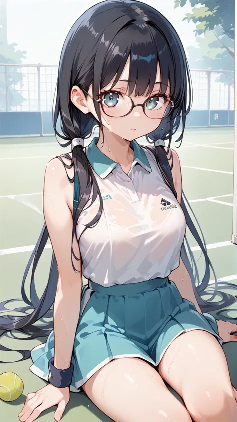 Black Hair, long hair,Pigtails,Glasses, tennis wear,Sweaty,fatigue,Sit down,