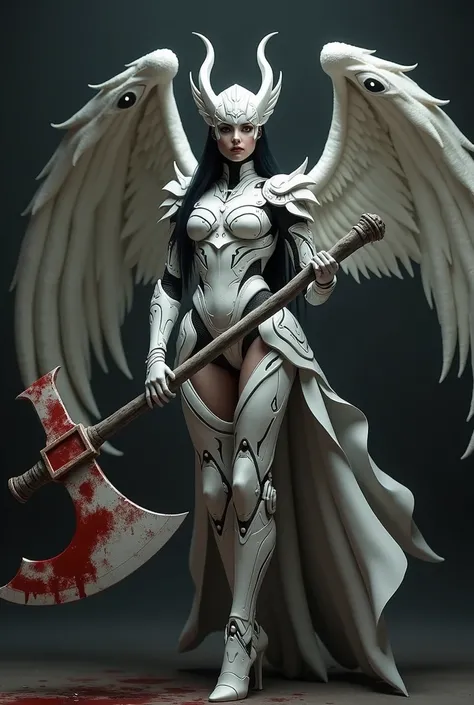 A cinematic-quality photo of a powerful female warrior with white mechanical armor and a dark fantasy helmet. She has long, dark hair and wears a full-body armor adorned with patterns. She wields a massive, blood-splattered axe with a crimson blade. Behind...