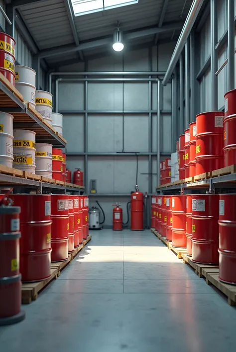  A warehouse environment with properly stored flammable product drums, with warning signs and fire extinguishers , in a realistic 3D setting .