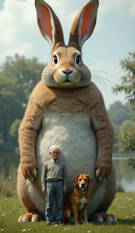  This years photo is a 16k close-up of(, wild rabbit (Brown white )Very long ears )(, a prehistoric )(giant)(((Very fat):1)And 2m tall ) with (An old man wearing glasses is leaning a dog.), . The background is a lawn area with a natural pond in the back. C...