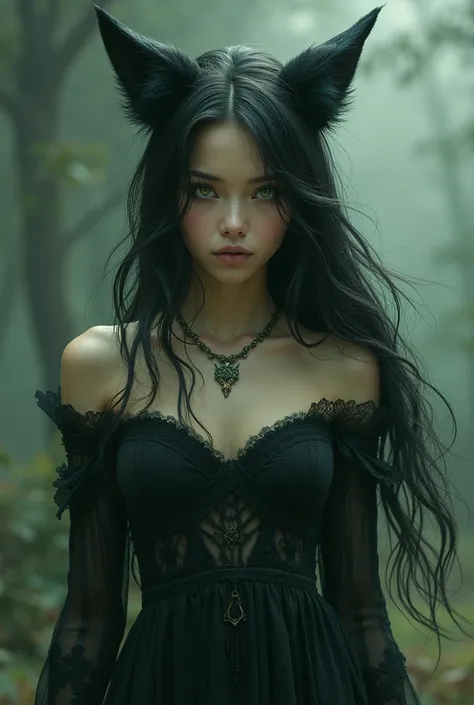 Dark-haired girl with green eyes and fox tails