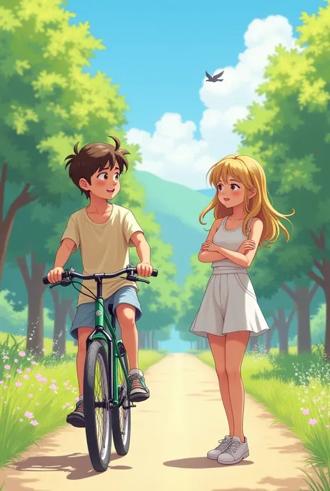 An illustration of a playful scene where a boy is riding a bike, scolding his girlfriend in a light-hearted, teasing way. The girl, standing nearby, has an annoyed yet amused expression with her arms crossed. They’re in a park or scenic road, dressed in ca...