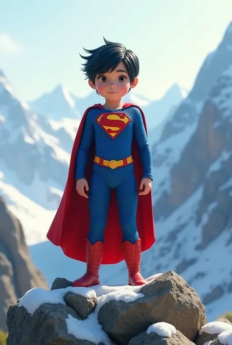 Boy  black hair with superman dress standing on small rocks , some snow below greeny mountains as background 