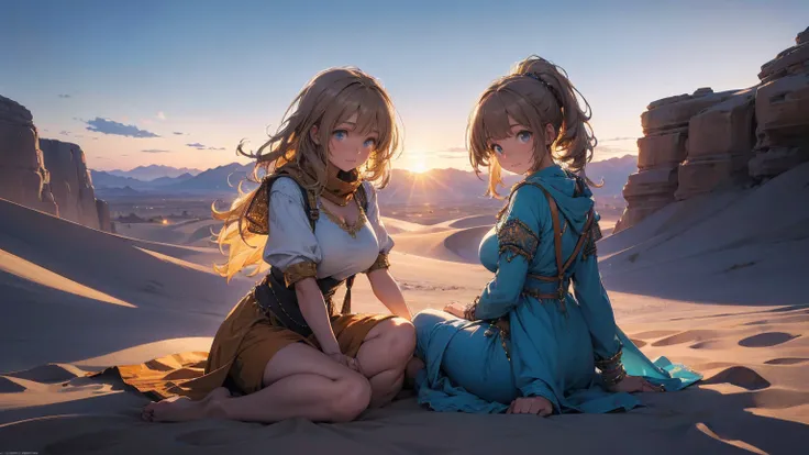 Sisters huddled together in the desert, detailed desert landscape, detailed Sisters, warm lighting, gigantic-breasts-cute-2girl-sitting-in-tent, golden hour lighting, detailed textures, (best quality,4k,8k,highres,masterpiece:1.2),ultra-detailed,(realistic...