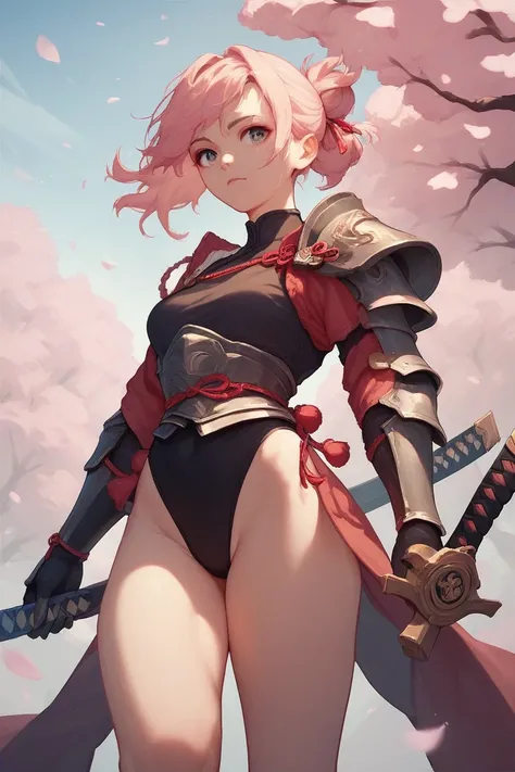 Little ,  Female Warrior ,  Black High Legged Swimsuit, sword,armor、Cherry blossom, Cute  , wing