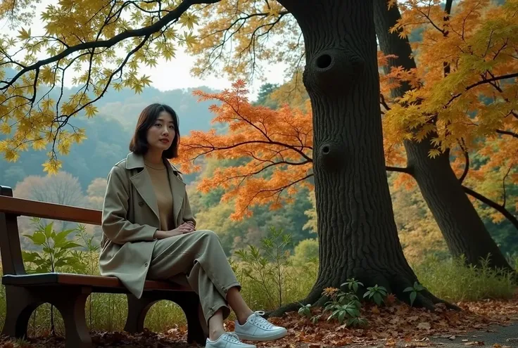 A beautiful short Korean woman in her 50s 、short medium length hair、 top quality 、 ultra-detailed 、High quality detailing 、8ｋ、 deep autumn forest 、A beautiful Korean woman in her 50s .  Im wearing a luxury beige sweater and casual pants. short medium lengt...