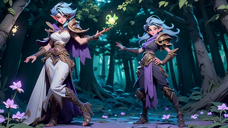 Female forest gnome, young, short stature, skinny, small, long blue hair, elf ears, purple eyes, large hips, large breasts, organic green armor, purple cloak, white split harem pants, white high slit dress, glowing magic sword, fantasy, fighting pose, full...