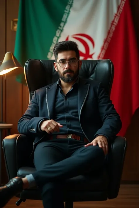 Make me a picture of a handsome 33-year-old  with hacker style sitting on a nice chair and on the back wall is an Iran State flag with the inscription Azizullah Mudassar.