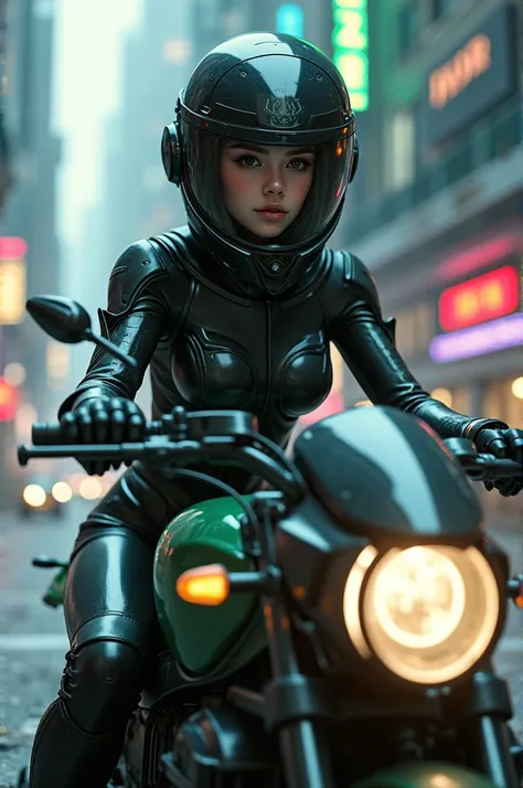 Maximum image quality, outstanding details, ultra high resolution, (realism: 1.4), the best illustration, favor details, 1 very condensed girl, with a delicate and beautiful face, dressed in a black and green wick, wearing a mecha helmet, holding a directi...