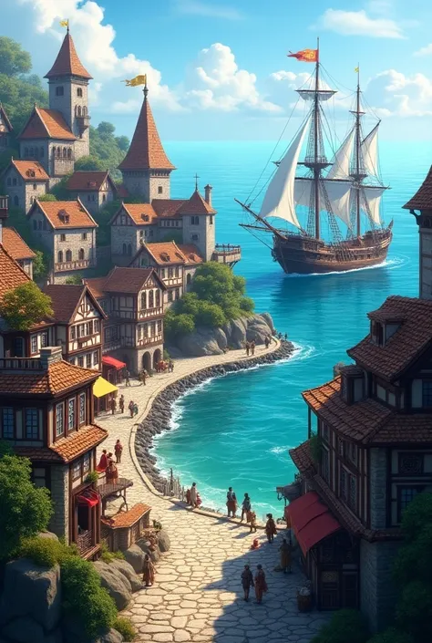 Seaside town, vast sea, medieval, large ship anchorage