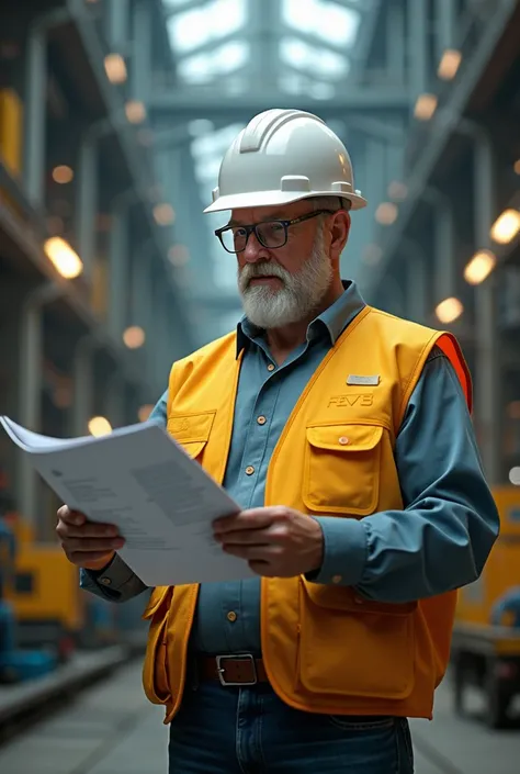 An expert in a yellow vest and white helmet holding an expert report in an industrial environment, with machinery and equipment in the background , in realistic 3D style .

