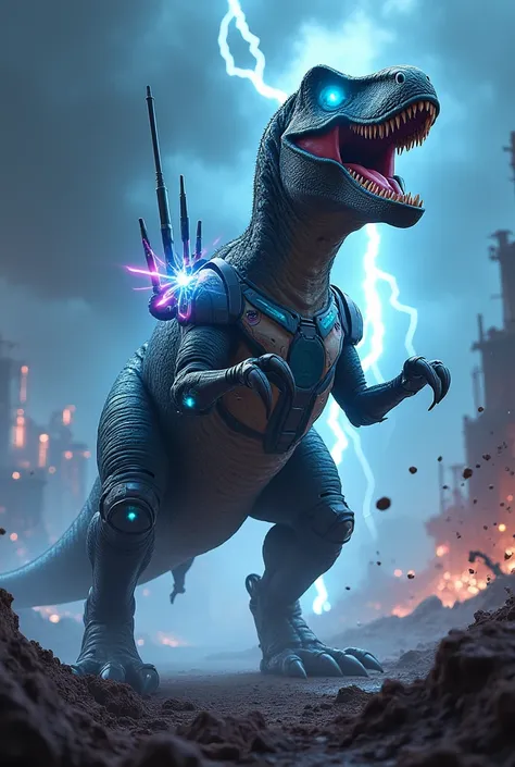 Create a powerful, futuristic T-Rex standing confidently in a vibrant, post-apocalyptic landscape. This T-Rex has advanced cybernetic enhancements: metallic armor plating, glowing neon blue eyes, and mechanical arms with plasma cannons instead of tradition...