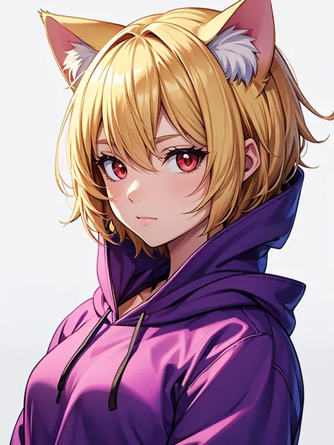  1 girl,  shortcuts, Blonde, Red eyes, Cat ears, Best Quality, Character portrait,  illustration style, Purple hoodie, Hi-Res, White background,  character design drawing,  Short Hair, Character portrait, Fits within the frame