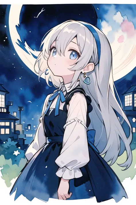 masterpiece, Best Quality,  1 girl, nighttime dress , Grey Hair、There is mesh in the hair、 Half Up、Eyes of the Night, blue ribbon headband、Moon Earrings、Picture of looking up at the moon、watercolor ( medium)