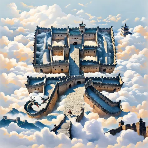 zihui_(font),eastern_dragon,Great Wall,(white_background:1.1),architecture,east_asian_architecture,tower,cloud,illustration,(simple_background:1.1),