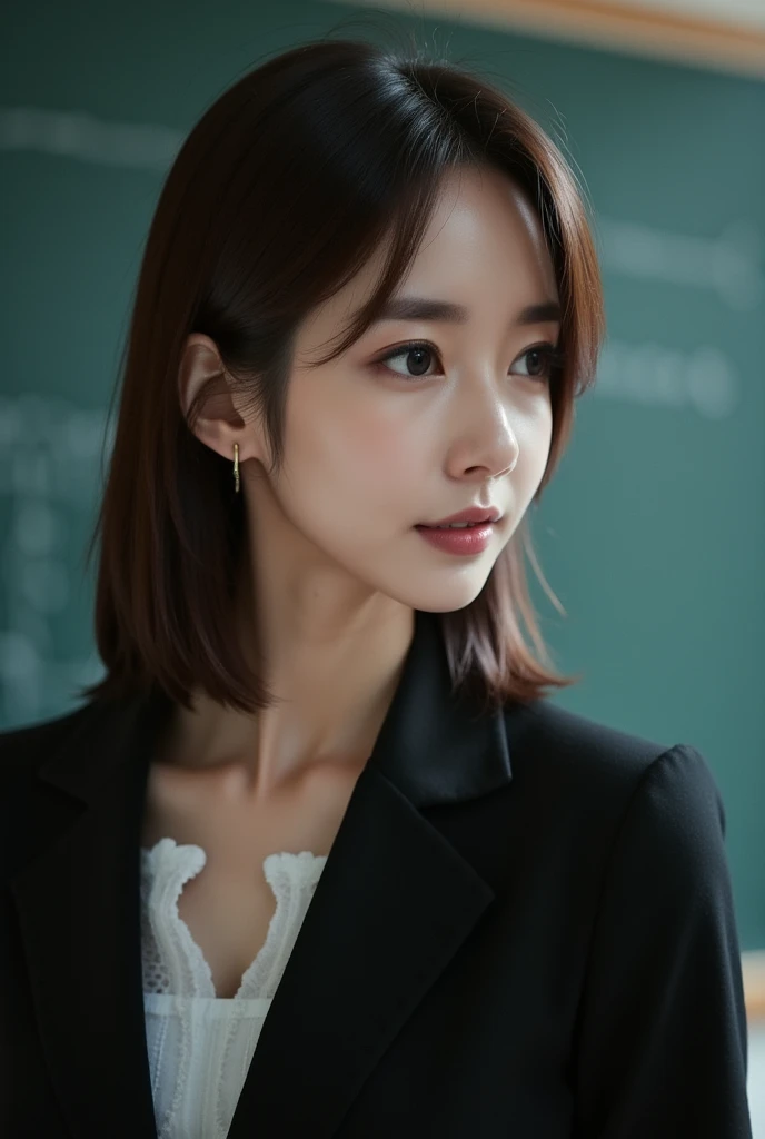 Perfect composition, Proper placement, from side:1.331, extreme close up, ( Japanese woman described in front of the blackboard), Slender Japanese women ,  fine skin details  ,  atomically accurate fingers  ,  flat chest:1.5,  has a small head ,  cute face...