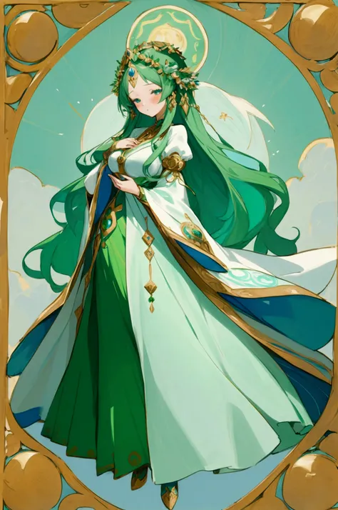  Design me a cute anime beautiful renaissance image of the goddess Mother Gaia, her dress outfit has blue, green and white colors.