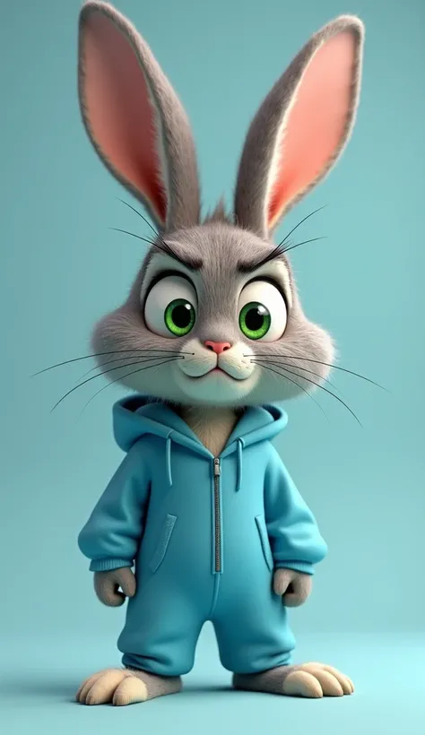  Funny bunny in a blue jumpsuit, on the gollve, the hood ,  big green eyes ,  looks frowning at point-blank range ,  close-up