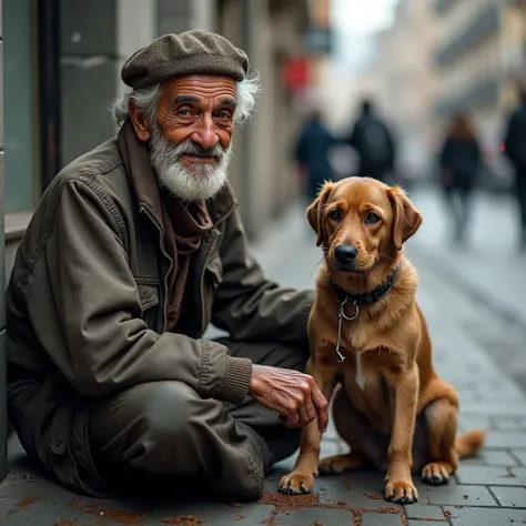 8k,  best quality , masterpiece, ultra-high-resolution, (realism: 1.4), original image, exactly,  super detailed, an elderly homeless beggar with broken clothes and a gentle, satisfied face sitting on the street with a dog that is dirty