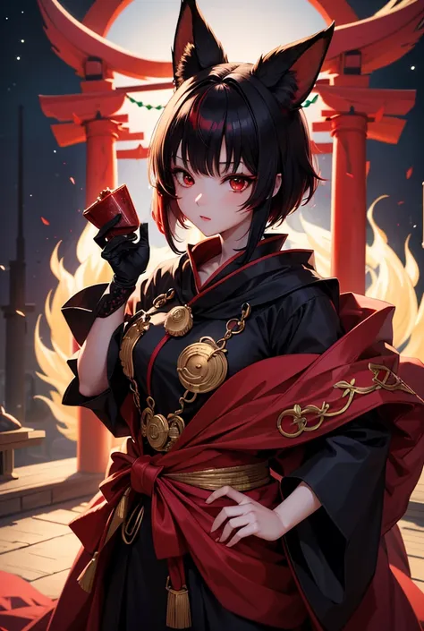  Hi-Res, masterpiece, accurate, 最 high quality,  that won numerous awards ,  high definition model,  high detail ,  high quality,  Ultra High Definition,  very detailed,  fox ears、Shrine maiden、Red eyes、Black costume、Shrine at night、Black Hair、 Short Hair、...