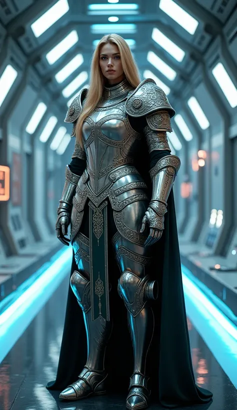 "Futuristic Knight in a Sci-Fi Corridor" "In a highly advanced, futuristic corridor illuminated by bright, white lights, a majestic figure stands tall. The figure is adorned in a shining metallic armor intricately engraved with detailed patterns and symbol...