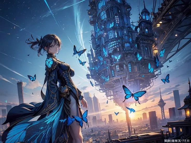  fantastic and ephemeral blue butterflies in the framework of 々In the framework of、 a photograph of a steampunk city seen from a distance