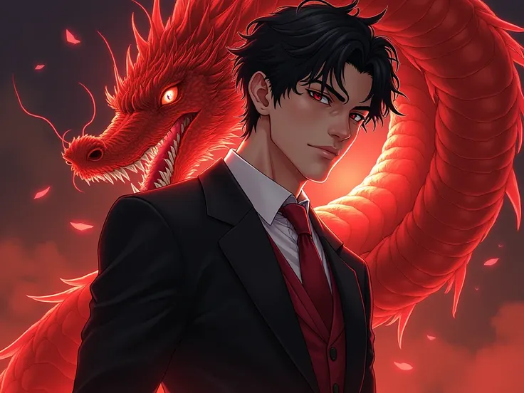 anime man in a suit and tie with a dragon in the background, dragon - inspired suit, by Yang J, human and dragon fusion, handsome japanese demon boy, handsome guy in demon slayer art, epic and classy portrait, trendin on artstation, by Oliver Sin, crimson ...