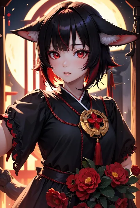  Hi-Res, masterpiece, accurate, 最 high quality,  that won numerous awards ,  high definition model,  high detail ,  high quality,  Ultra High Definition,  very detailed,  fox ears、Shrine maiden、Red eyes、Black costume、Shrine at night、Black Hair、 Short Hair、...