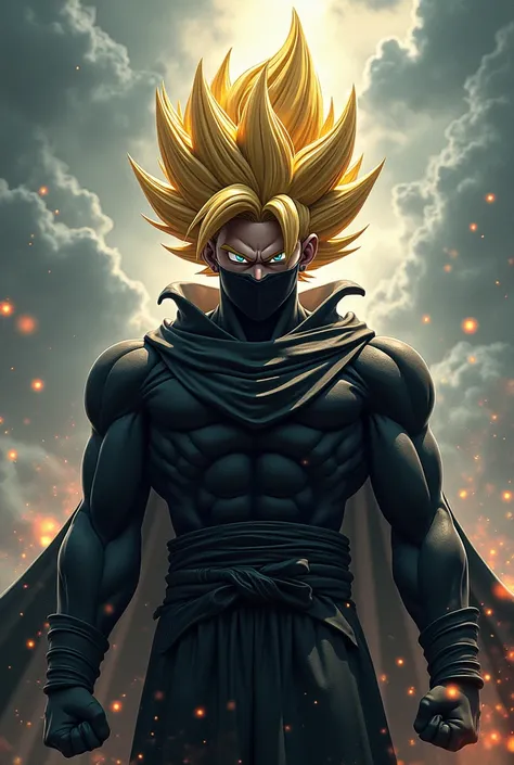 Masked goku black in his super Saiyan 3 form wearing an akatsuki robe 