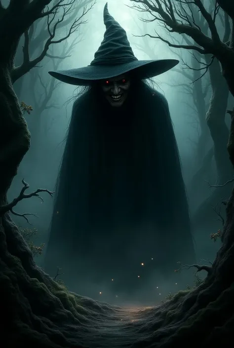 A sinister witch casting a shadow over the forest, with an evil smile and dark, menacing aura.