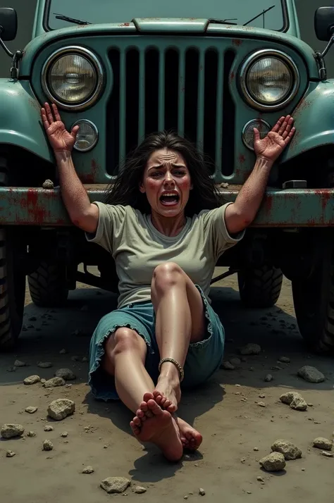 Two scary and dirty hands coming out from underneath the jeep holding a ladys leg while the lady is crying.