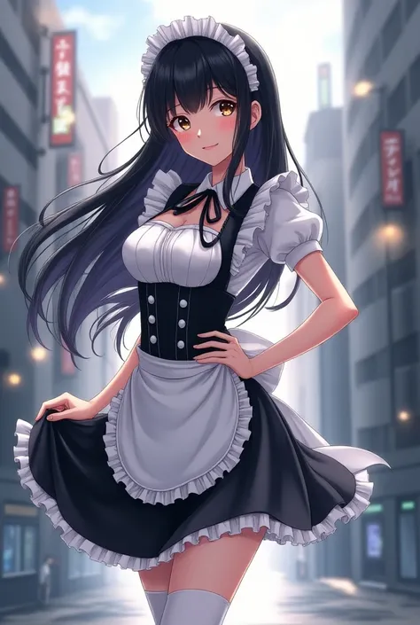  anime girl,  maid costume ,  very short skirt ,  long legs,  long hair,  black hair, Darling, coarse,  Cityscape , white stockings,  Easy smile,  art