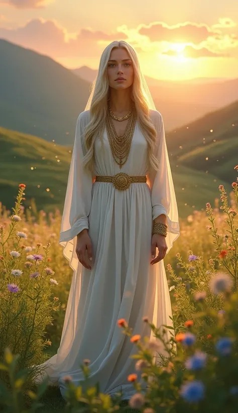 "Mystical Enchanted Meadow Scene" "In a serene and sunlit meadow, a mystical woman dressed in a flowing white robe with a hood stands gracefully among lush greenery and vibrant wildflowers. The golden light of the setting sun bathes her in a warm glow, cas...