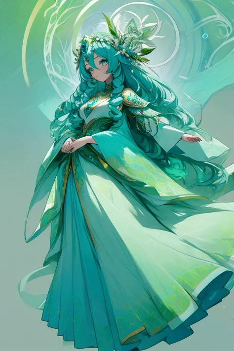  Design me a cute beautiful image of the goddess Mother Gaia, her dress outfit has blue, green and white colors.