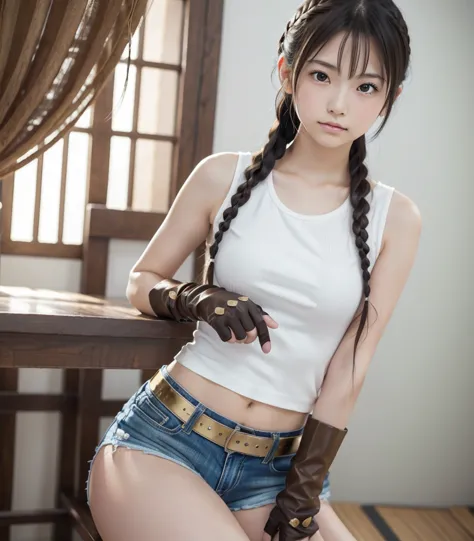 famous japanese idol , 14yo, golden armor,  sleeveless shirt ,  shorts made of metal,  long gloves made of metal , long brown ha...