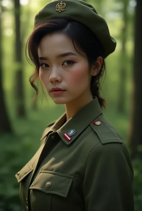 The spirit of a real brunette 20 year old soviet millitary nurse in the forest.very close and realistic,pov 