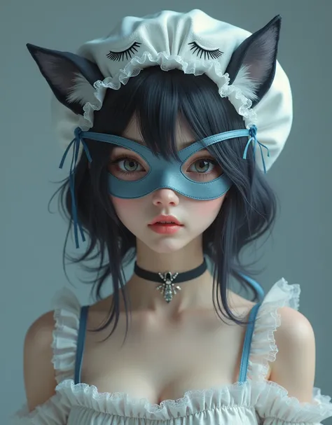 Portrait of sexy young woman wearing eye mask with grey blue wolf ears and blue ribbon on the sides of her head, white linen sleeping cap with embroidered eyelashes and tulle frill around and a pair of dark grey socks.