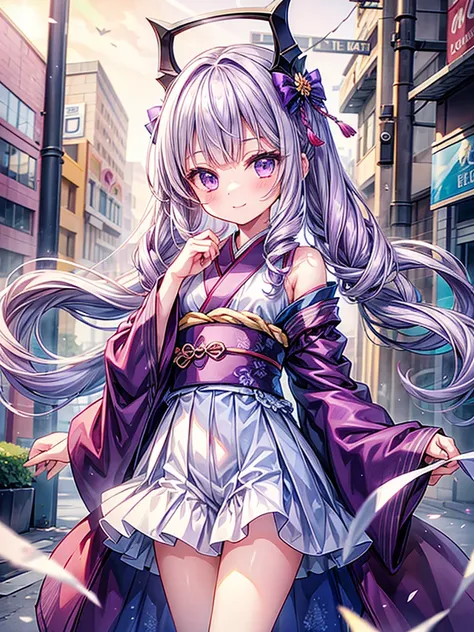 1girl, solo, full body, beautiful illustration, best quality, happy smile, cute girl, pastel color, petite body, flat chest, light purple hair, BREAK, drill hair with ribbon, blunt bangs, wearing purple kimono with long hanging sleeves worn, expose, glossy...