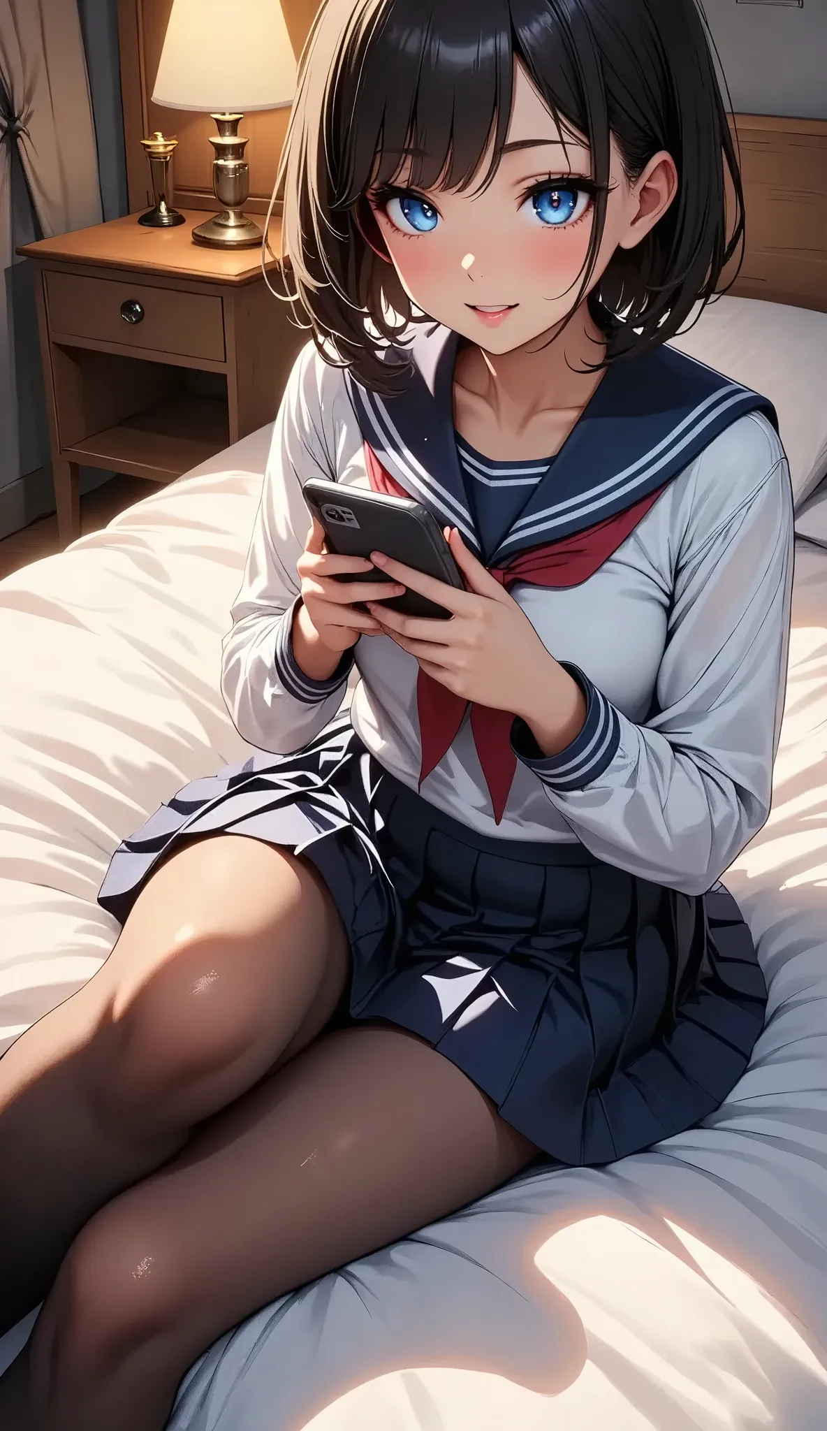 a young girl relaxing on a bed reading a smart phone,beautiful detailed eyes,beautiful detailed lips,extremely detailed eyes and...