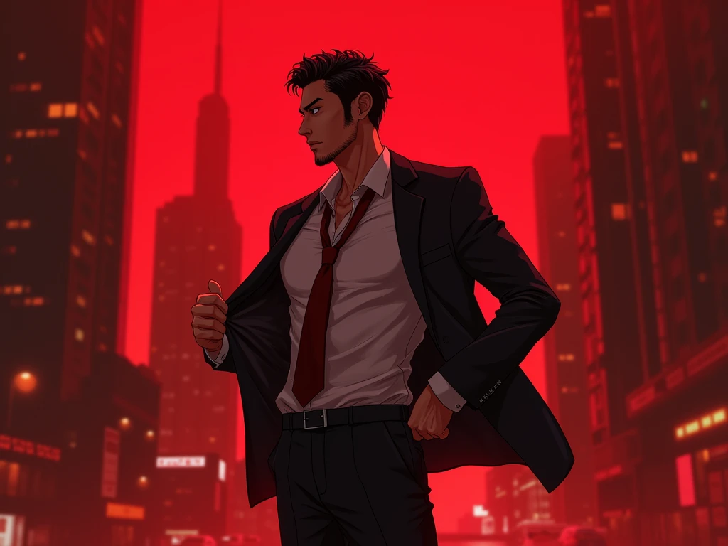 A Korean man in a suit turned around and took off his suit, Age 32, semi-realistic anime, The outside was engulfed by a blood red hue