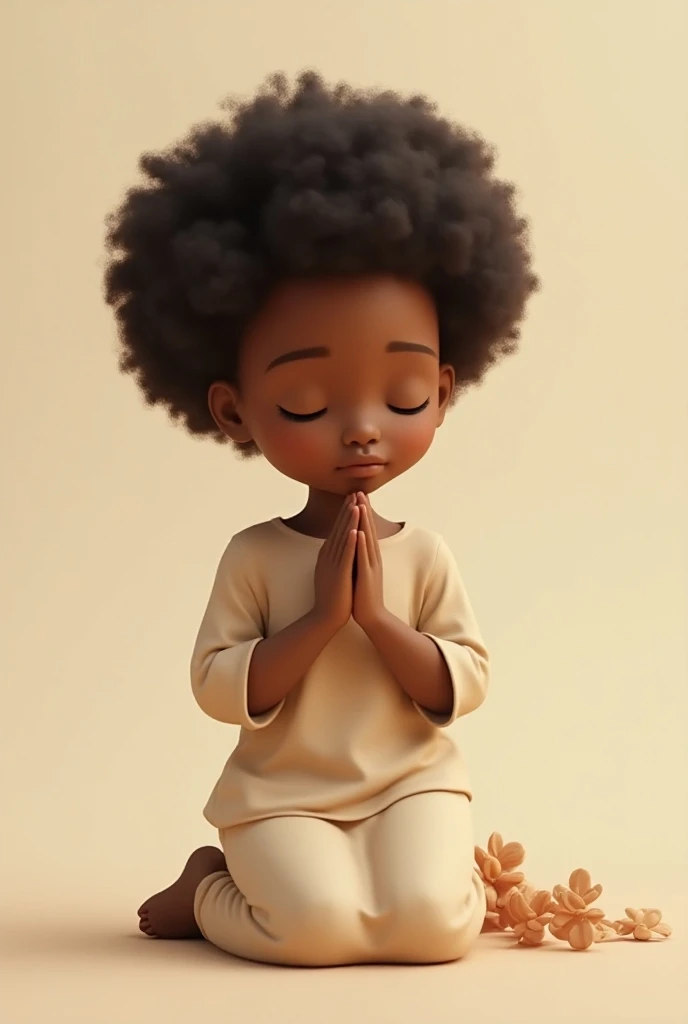 Afro-descendant teenager with a tender and pretty face on his knees praying to God