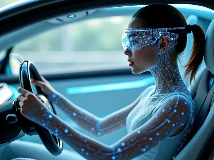 photorealistic image of a holographic(transparent)AI girl driving futuristic EV, futuristic digital cyclop goggles, hands behind the steering wheel, matrix quantum body structures, hypersonic vehicle, intricate detailed, hi-res,thirty degrees left angle sh...