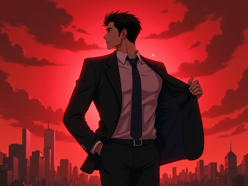 A Korean man in a suit turned around and took off his suit, Age 32, semi-realistic anime, The outside was engulfed by a blood red hue