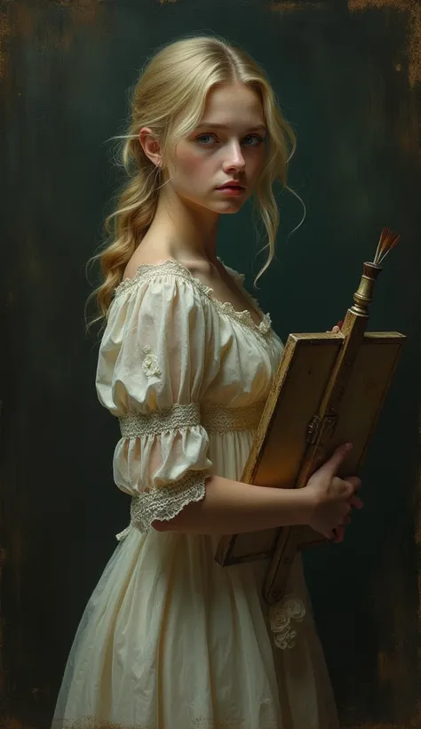 ‘Melancholic Painter of Lost Time’
‘Imagine a mysterious and eerie portrait of a young woman wearing a slightly frayed but elegant dress from a forgotten age, made of soft fabric, wrapped around her like an old tapestry. Her blonde locks frame a face fille...