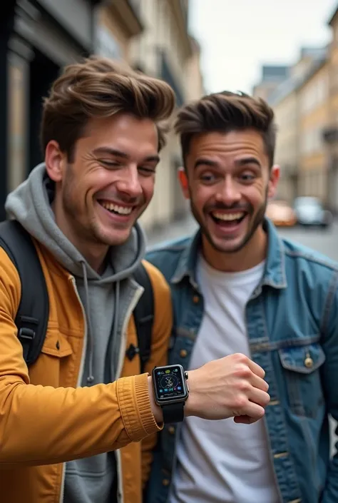 A smiling young man showing his smartwatch to his surprised friend