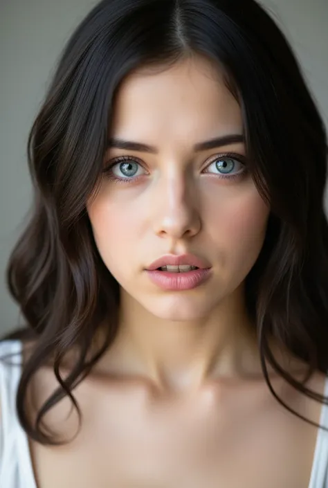 A beautiful European womans face, with turquoise blue eyes, perfect skin, wavy black hair, white skin and full, red lips making an orgasm face with sad eyebrows and an open mouth