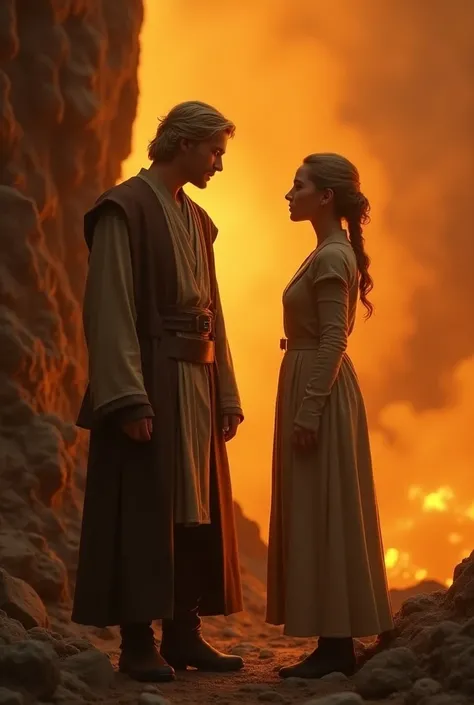  Create me an image of Star Wars on the planet of Mustafar in which inside the rocky room Anakin:  blond with a scar on his face ,  he chose as his new home .  The atmosphere is thick with smoke ,  the intense heat and the galaxy in turmoil . Anakin si tro...